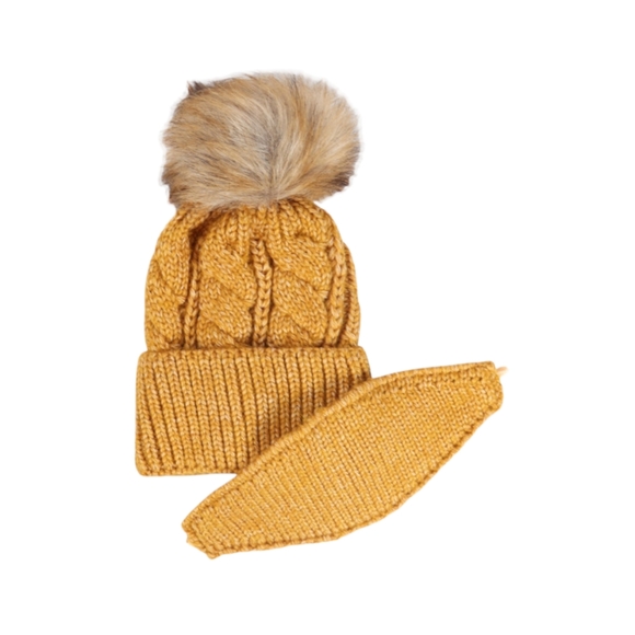 Mustard cable knit beanie with fur pom pom and matching face mask. - Picture 2 of 3